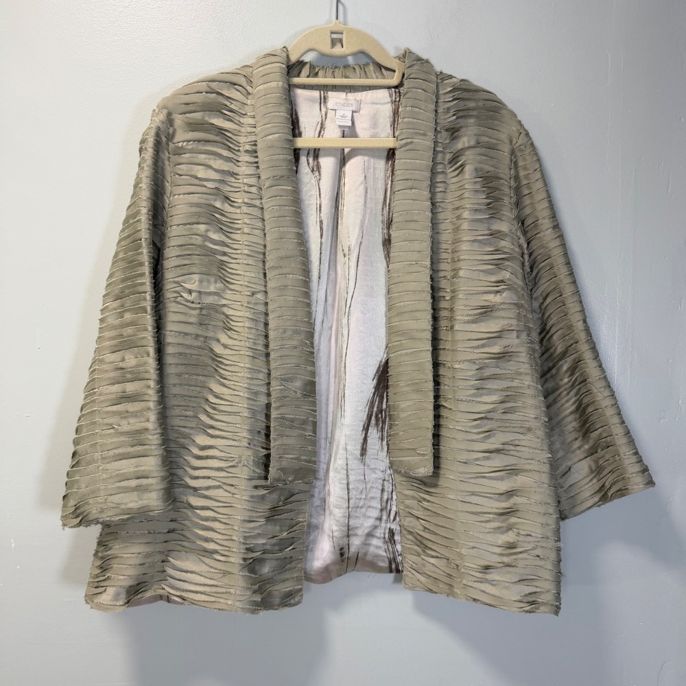Chico's Sage Green Textured Pleated Ribbon Open Front Jacket Size 2 Large